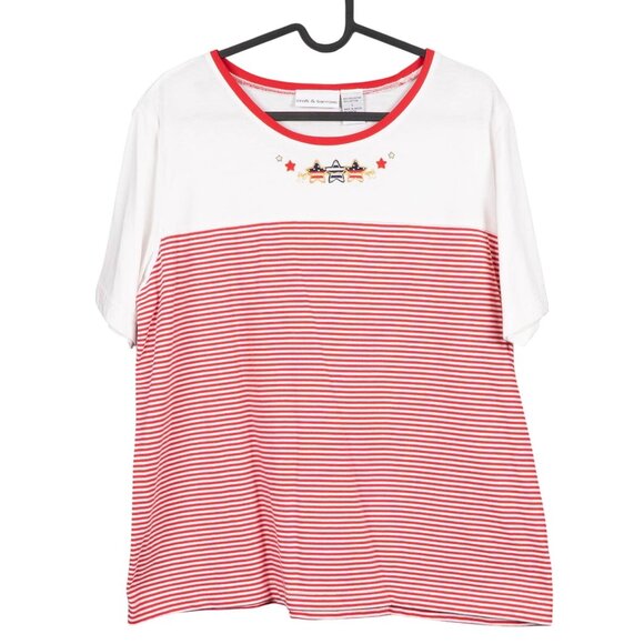 croft & barrow Tops - Y2K Patriotic TShirt L 90s Striped Red White Stars Embroidered July 4th USA